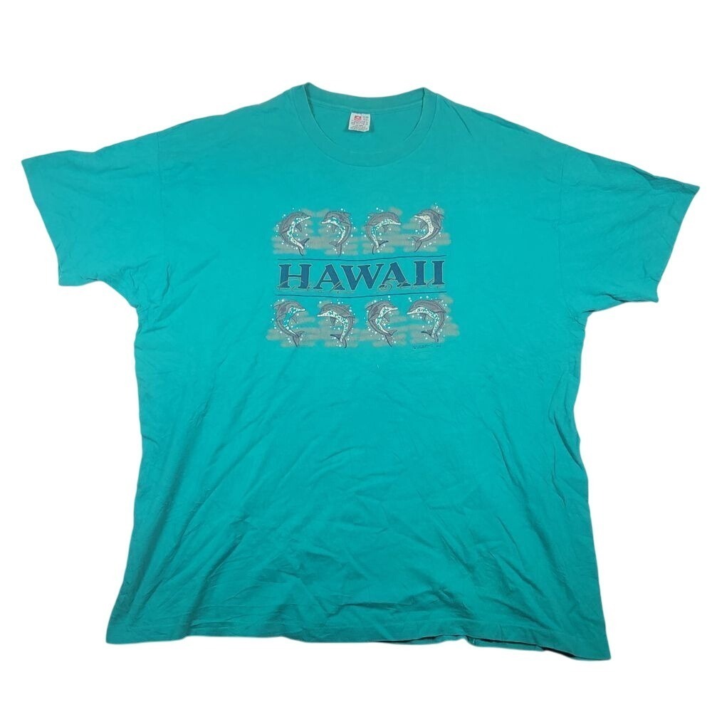 VTG Hanes Mens Destination T-Shirt Sz XXL Teal 100% Cotton Single Stitch Dolphin